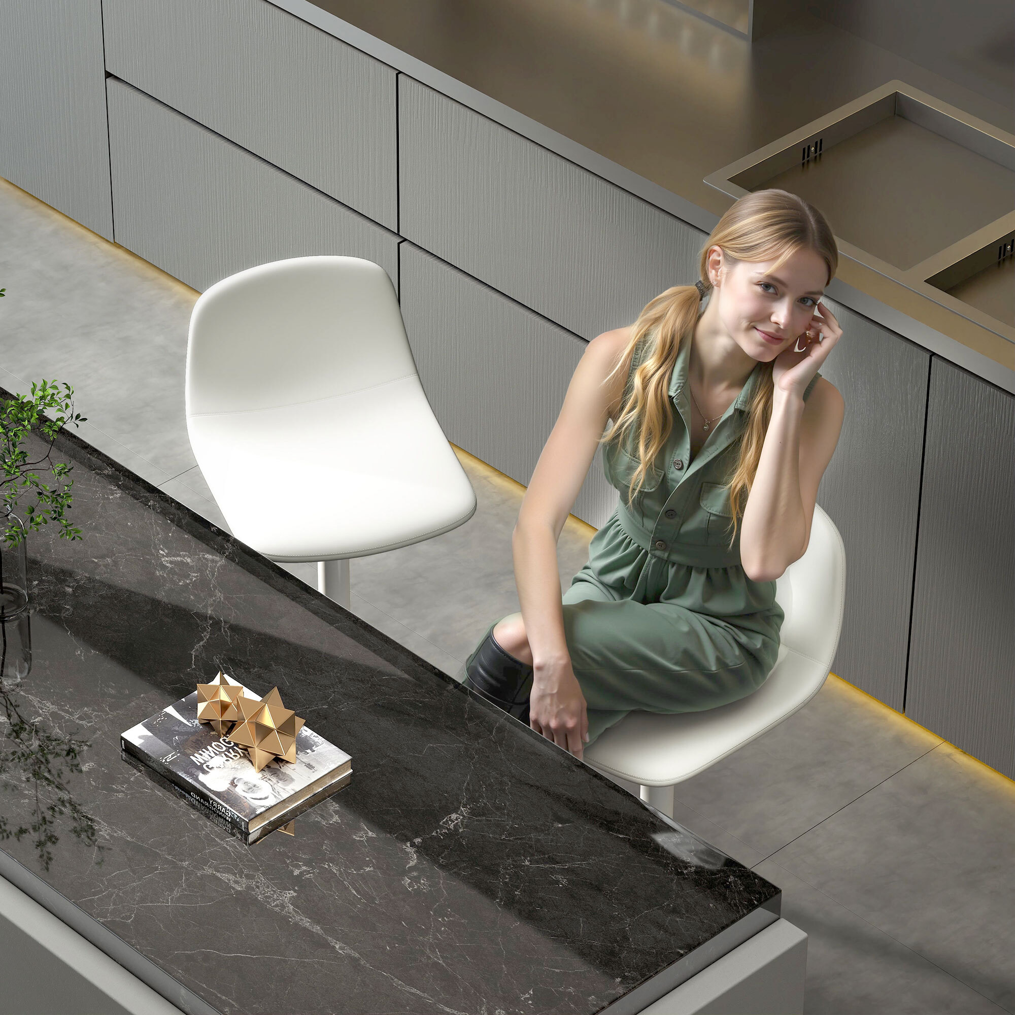 Juego de 2 Taburetes de Bar Taburetes Altos de Cocina Regulable en Altura 84-104 cm con Respaldo y Reposapiés Tapizado en PU Giratorio en 360° para Comedor Mostrador Blanco