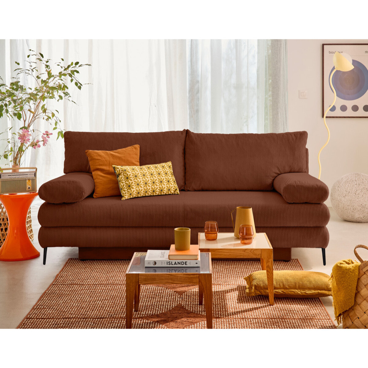 Elton - canapé 3 places convertible avec coffre en velours côtelé - Terracotta