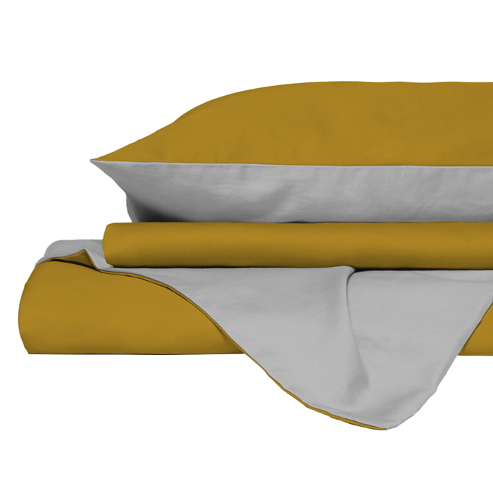 PARURE COPRIPIUMINO NATURAL COLOR, 100% Cotone, Made in Italy - SENAPE/GRIGIO CHIARO