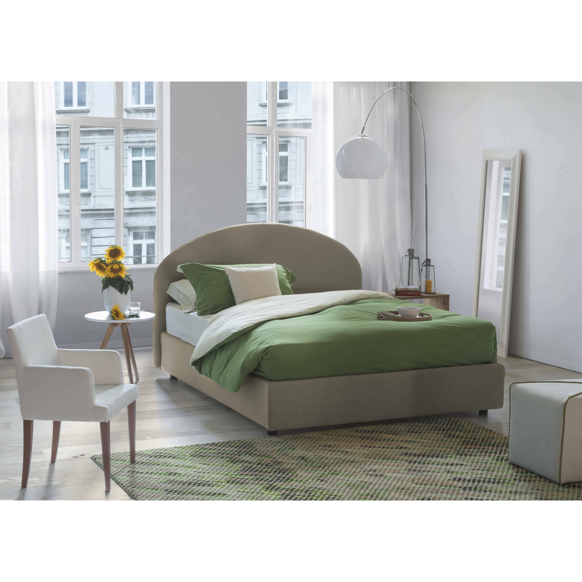 Letto piazza e mezza Connie, Letto contenitore con rivestimento in tessuto, 100% Made in Italy, Apertura frontale, con materasso Cm 120x190 incluso, Tortora