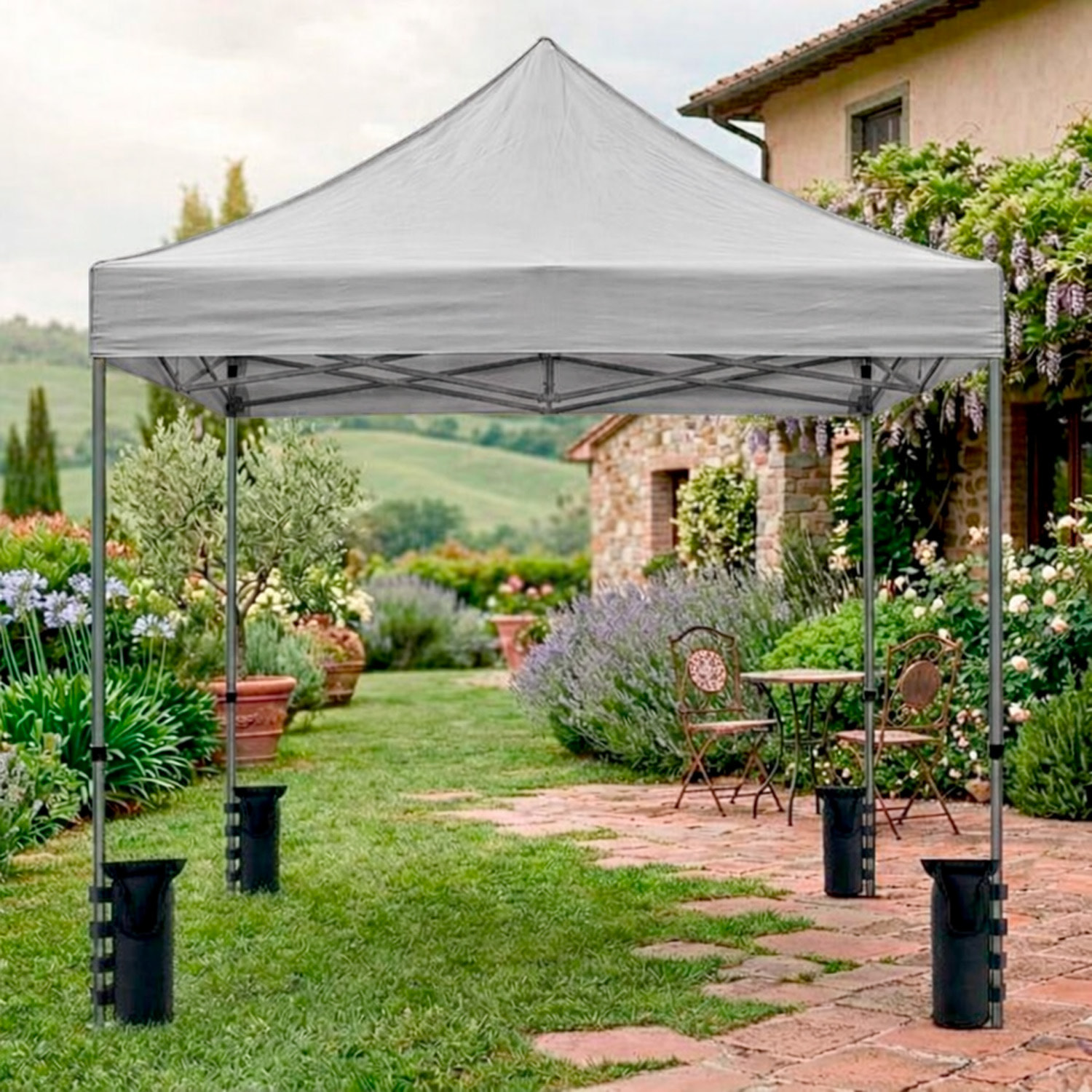 Gazebo Professionale 3x3 M Richiudibile Automatico In Acciaio Con Telo Oxford 1200D PVC Impermeabile e Anti UV A Fisarmonica con Sacche Grigio