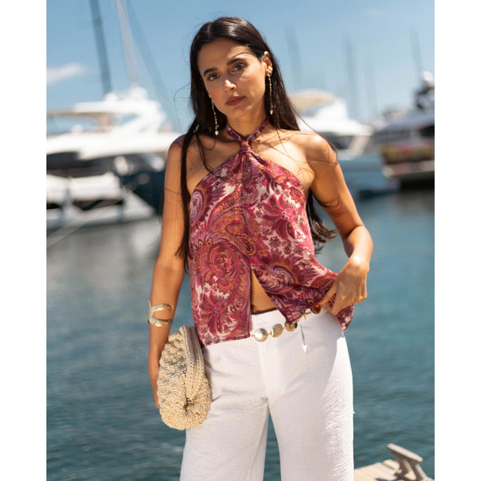 Blusa de mujer estampada con lazada al cuello y espalda descubierta