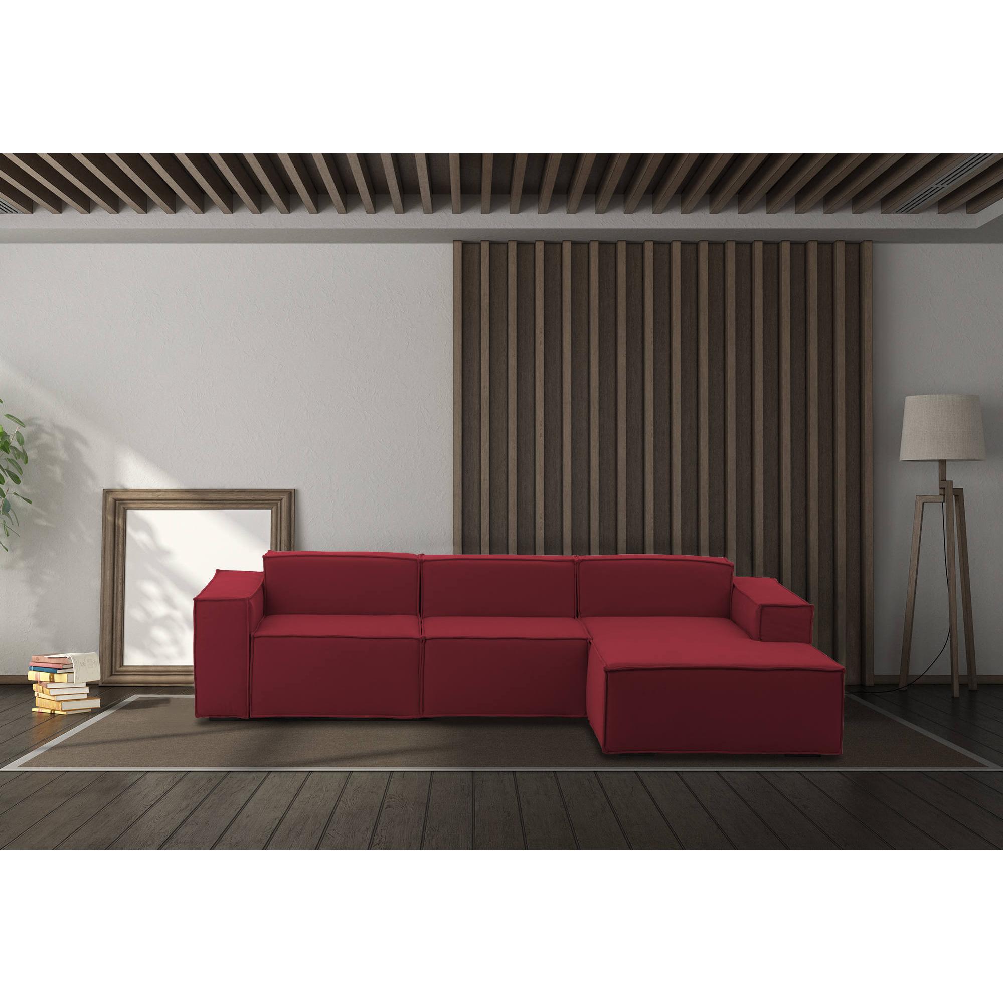 Divano fisso Giovanna, Divano componibile a 3 posti con penisola destra, 100% Made in Italy, Sofà moderno in tessuto, Cm 300x170h70, Rosso