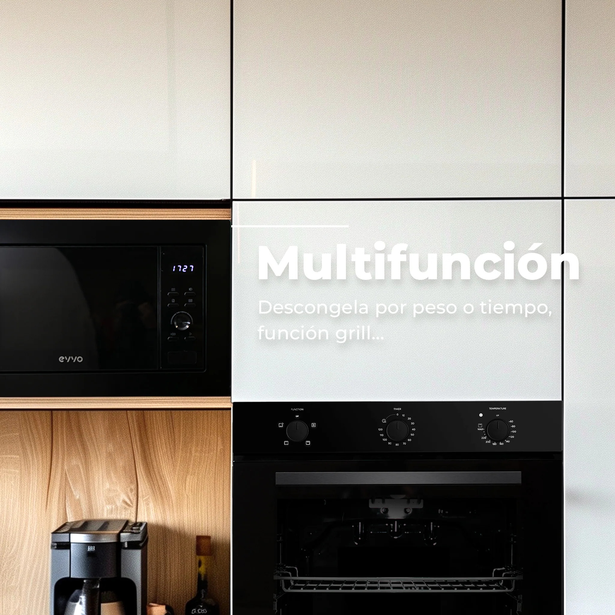 EVVO Microondas integrable Mi30 Black, 21L, grill 1000W, multifunción, descongelar, temporizador 60 min, display digital, negro.
