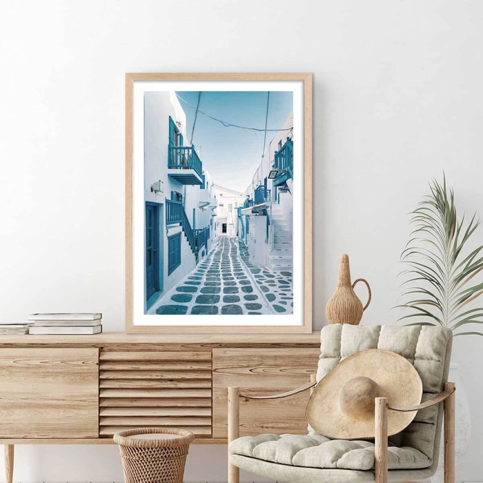 Poster rue bleue santorin Affiche + cadre en bois - Chêne