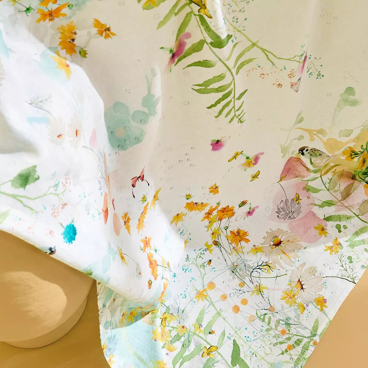 Nappe lin & coton lavé 150 g/m² imprimé rose vert Rosee du matin printemps