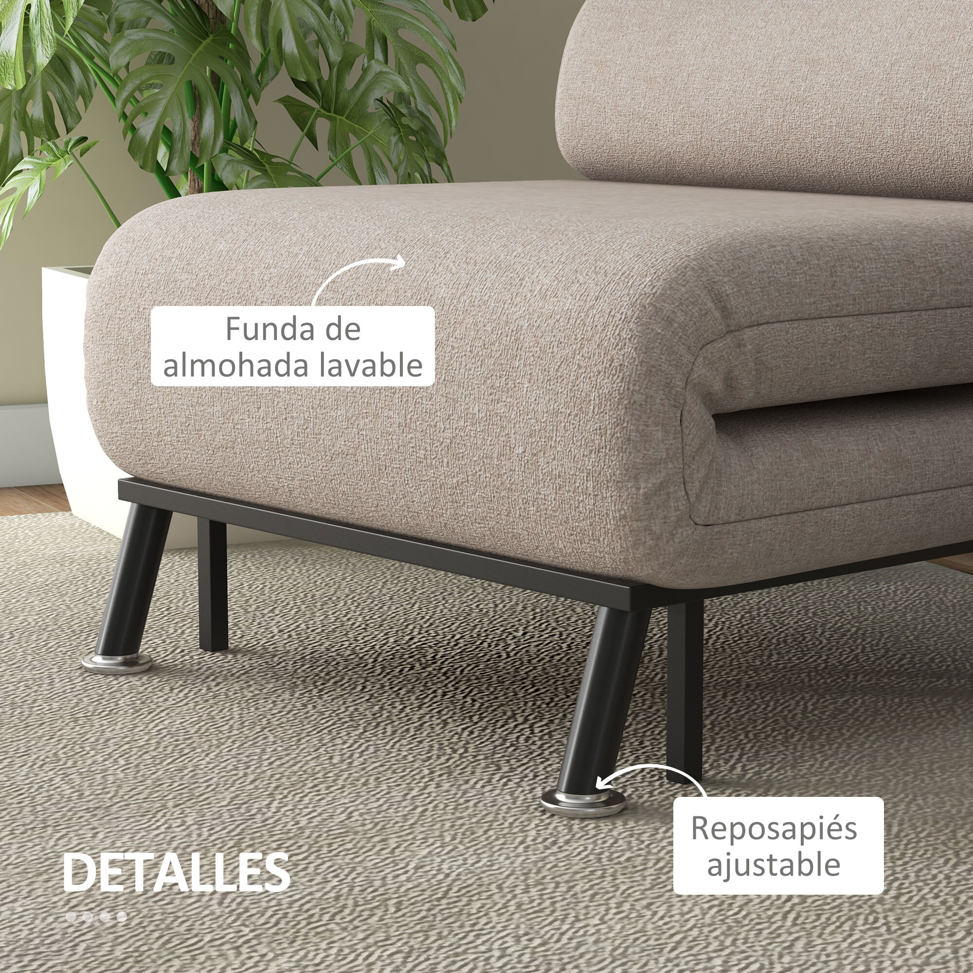 Sofá Cama de 1 Plaza 3 en 1 Sofá Cama Plegable Tapizado en Lino con Respaldo Ajustable de 5 Niveles y Almohada Acolchada para Oficina Dormitorio Salón 75x70x75 cm Beige
