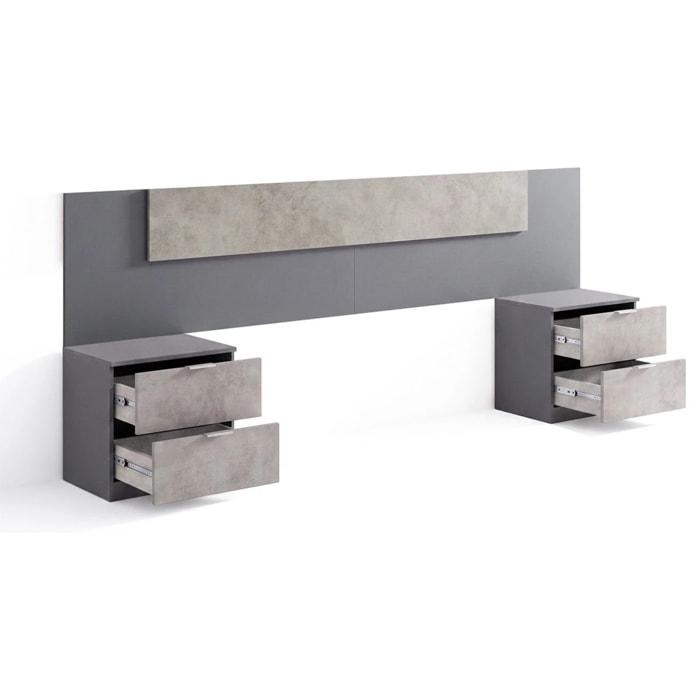 Cabecero para cama de 135-150 cm y 2 mesitas con cajones en gris grafito y gris cemento Akari Gris Grafito - Gris Cemento