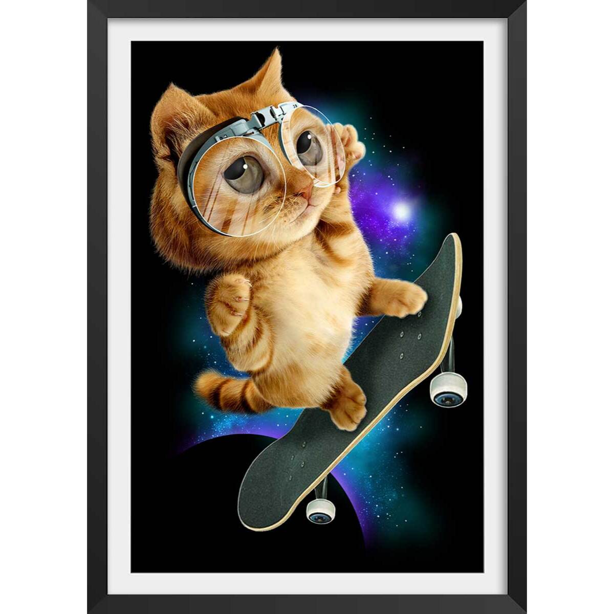 Affiche enfant skate chat  Affiche + cadre en bois - Noir