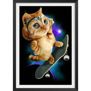 Affiche enfant skate chat  Affiche + cadre en bois - Noir
