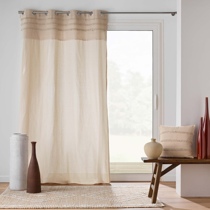 Rideau à œillets en poly-coton avec bande brodée - Naturel