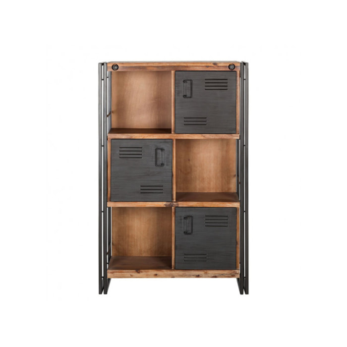 Bibliothèque en bois 3 niches/3 casiers avec portes en métal - ATELIER
