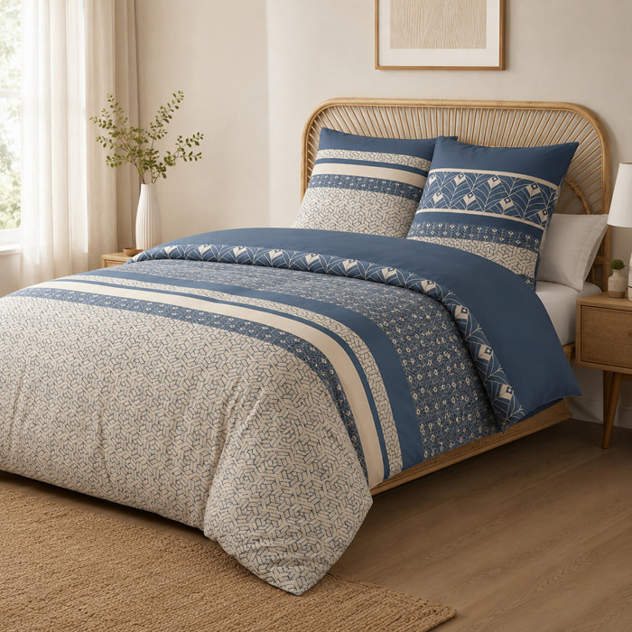 Parure housse de couette 240x220 cm imprimée graphique + 2 taies 100% Coton - HAVRIL