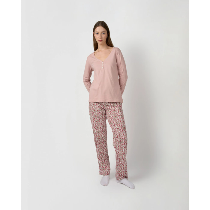 Pigiama lungo in cotone con scollo a V, stile amazon, rosa