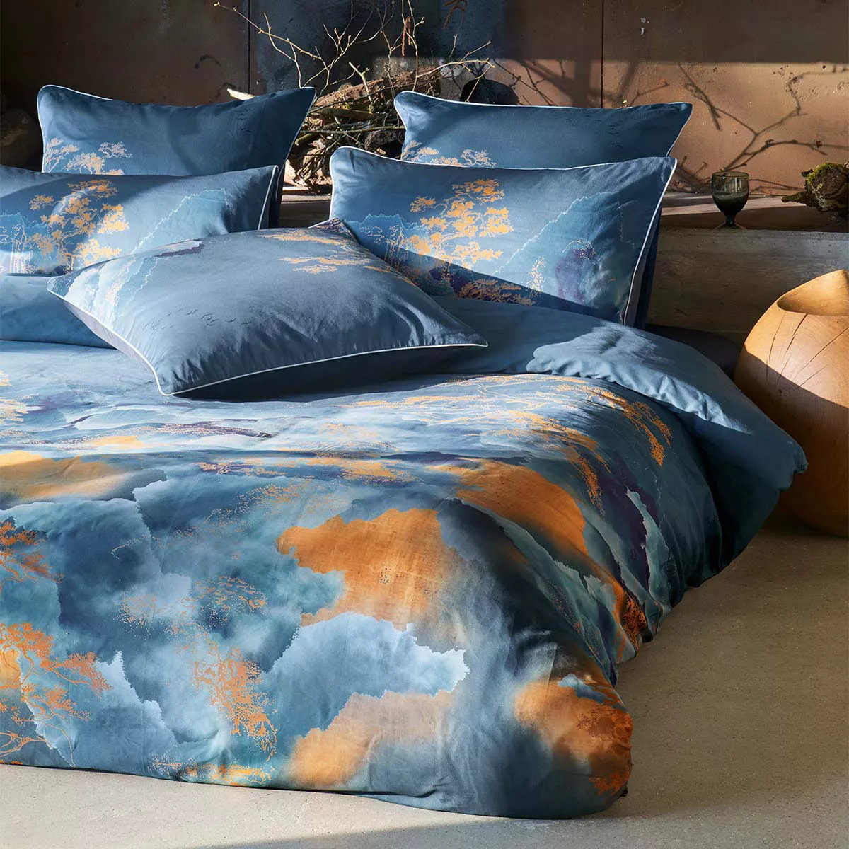 Taie d'oreiller satin de coton imprimé bleu or Fuji nocturne