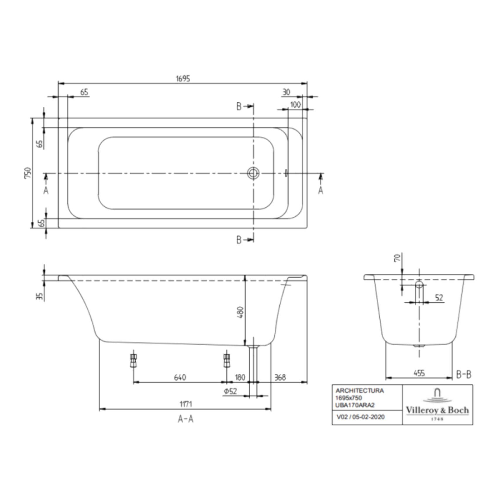 Baignoire droite VILLEROY & BOCH Architectura avec pieds acrylique 170 x 75 cm  + Pare bain gauche AURYS Raywall chromé