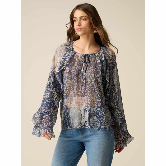 Oltre - Blusa estampada con volantes - Azul