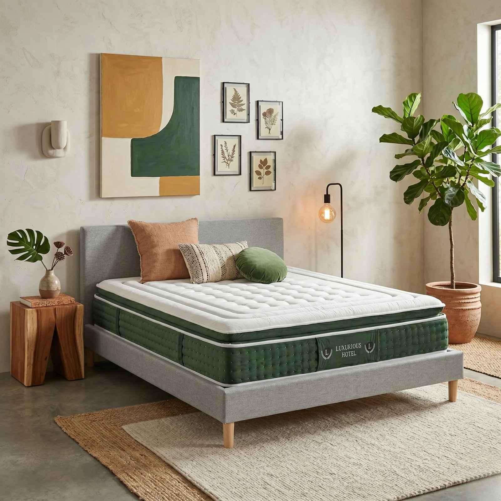 Ensemble matelas Jade & lit fixe Colisée | Mémoire de forme et ressorts ensachés | cadre à lattes | Tissu | Gris clair