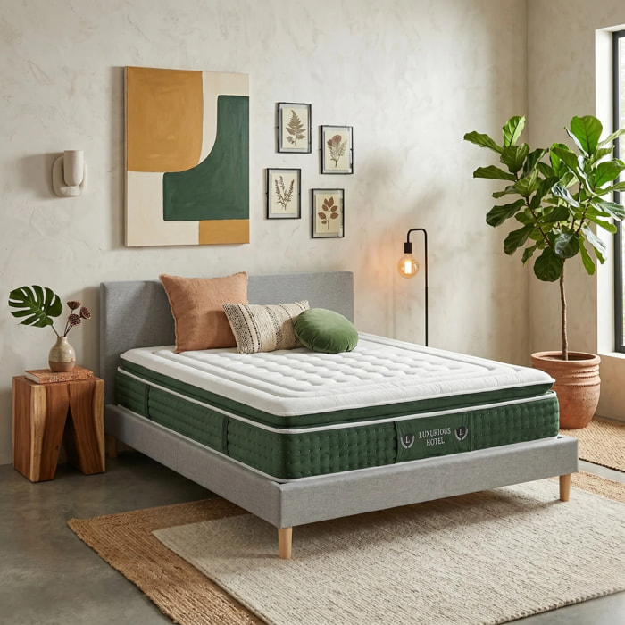 Ensemble matelas Jade & lit fixe Colisée | Mémoire de forme et ressorts ensachés | cadre à lattes | Tissu | Gris clair
