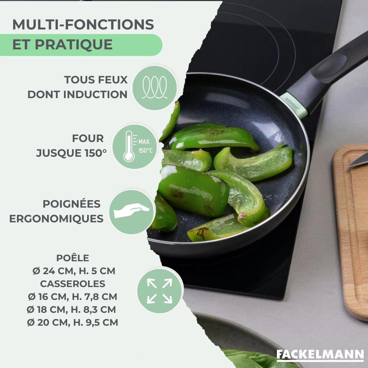 Set de 1 poêle 24 cm, 3 casseroles antiadhésives céramique 16, 18 et 20 cm et 6 ustensiles Fackelmann Brandao