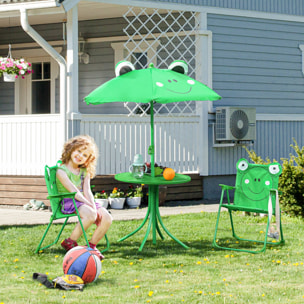 Set de Mesa y Sillas Infantil de Jardín Conjunto de Picnic Plegable para Niños Juego de Mesa con Sombrilla Ajustable en Altura de 100-125 cm Diseño de Rana Verde