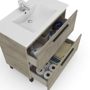 Mobile sottolavabo Yonkers, Mobiletto per bagno a 2 cassetti, Armadietto sospeso con specchio, lavabo non incluso, cm 80x45h80, Rovere