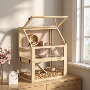 Cage rongeur hamster en bois dim.60x40x75cm 3 niveaux rampes roue bascule cabane naturel