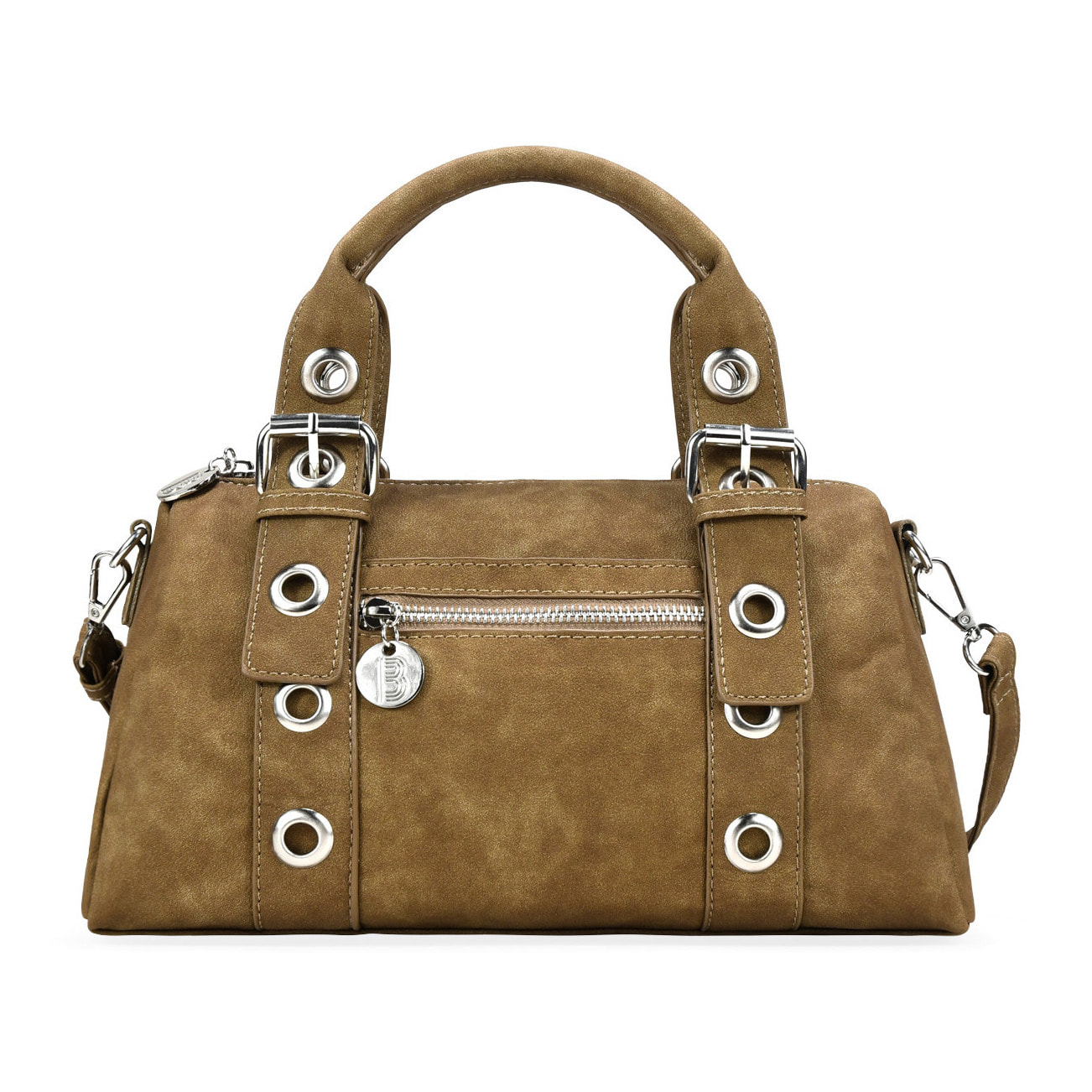 Bolso de mano kaki con hebillas y tachuelas redondas