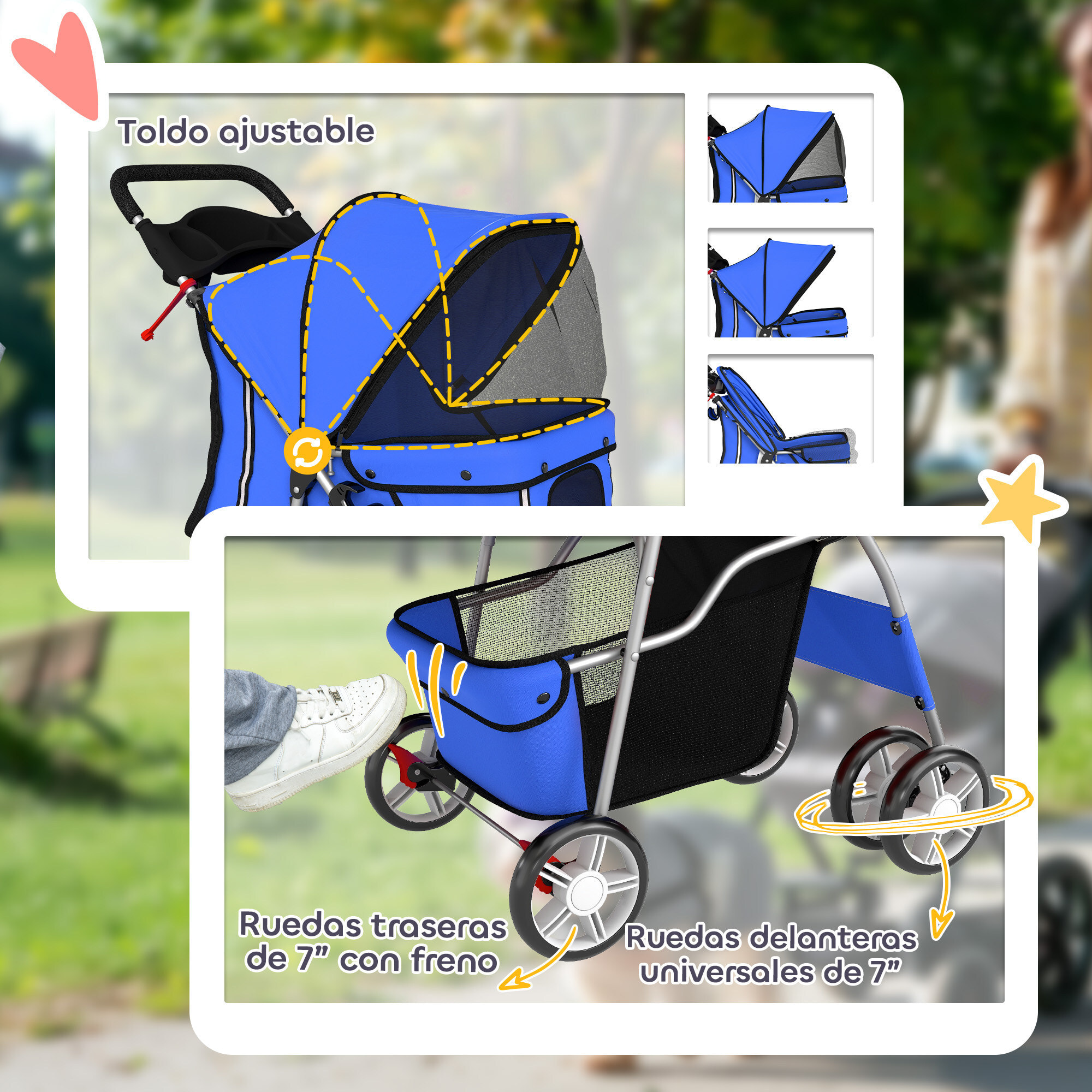 PawHut Carrito para Perros Gatos Plegable hasta 10 kg, Cochecito para Perros Pequeños con Ruedas de EVA y Frenos, Cesta de Almacenaje, Ventanas de Malla, Portavasos, Cojín Lavable, 77x44x102 cm, Azul