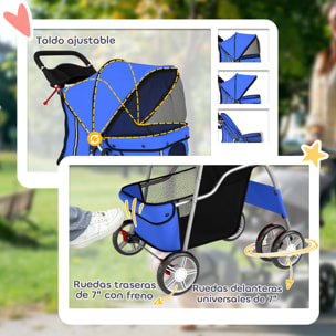 PawHut Carrito para Perros Gatos Plegable hasta 10 kg, Cochecito para Perros Pequeños con Ruedas de EVA y Frenos, Cesta de Almacenaje, Ventanas de Malla, Portavasos, Cojín Lavable, 77x44x102 cm, Azul