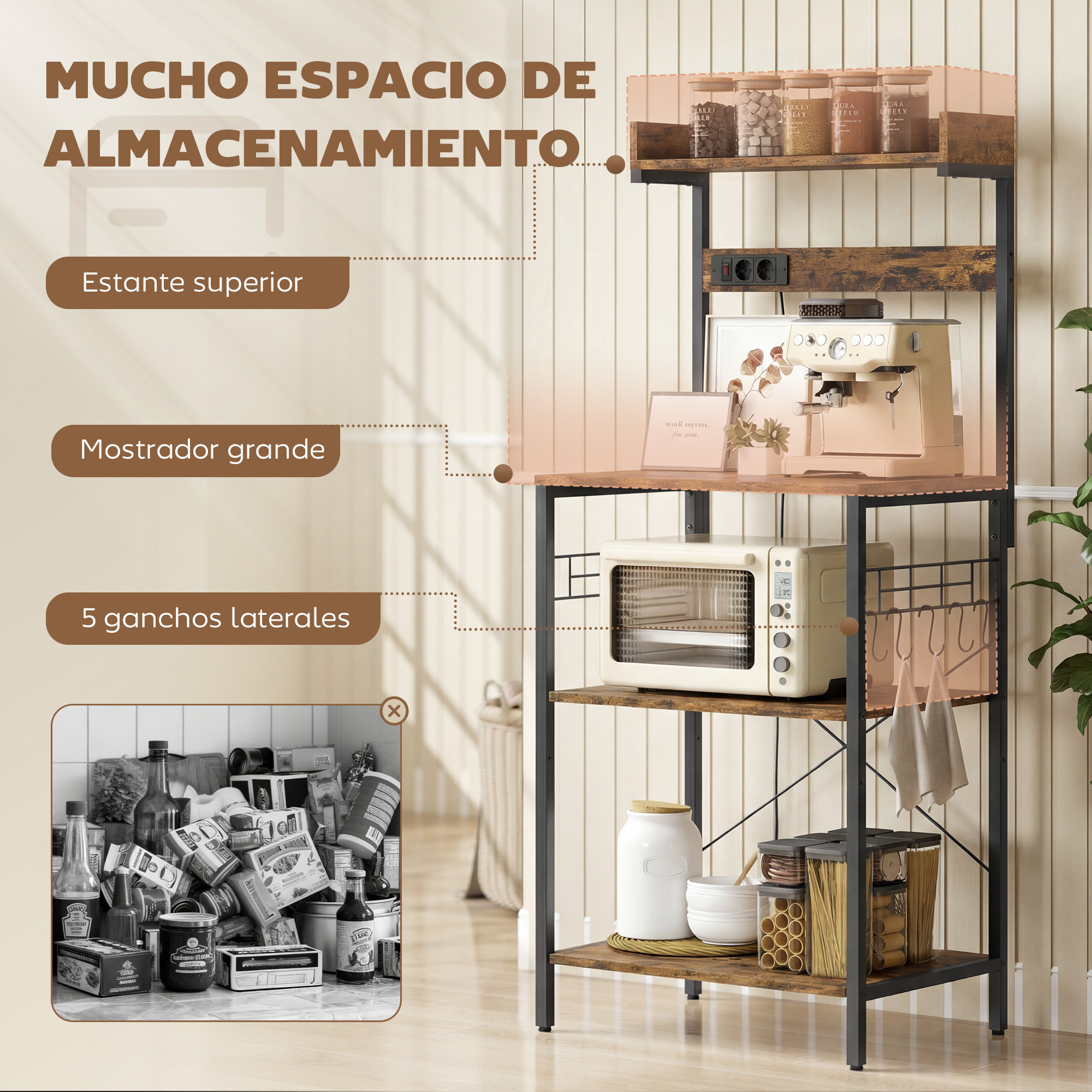 Estantería de Cocina con 2 Tomacorrientes, Estantería de Panadería Industrial con Estación de Café, Estante para Microondas, Estante Ajustable, Ganchos, 60x42x137 cm, Marrón Rústico y Negro
