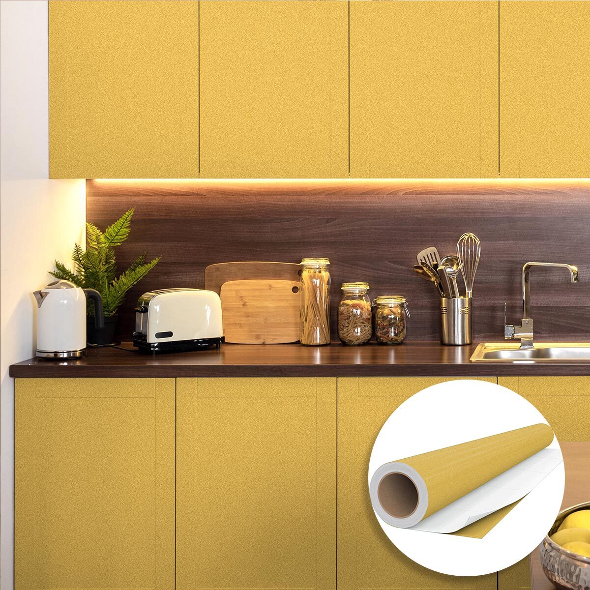 Rouleau adhésif décoratif Vinyle au Mètre - Or - Sticker Lavable Imperméable Mur Cuisine Meubles