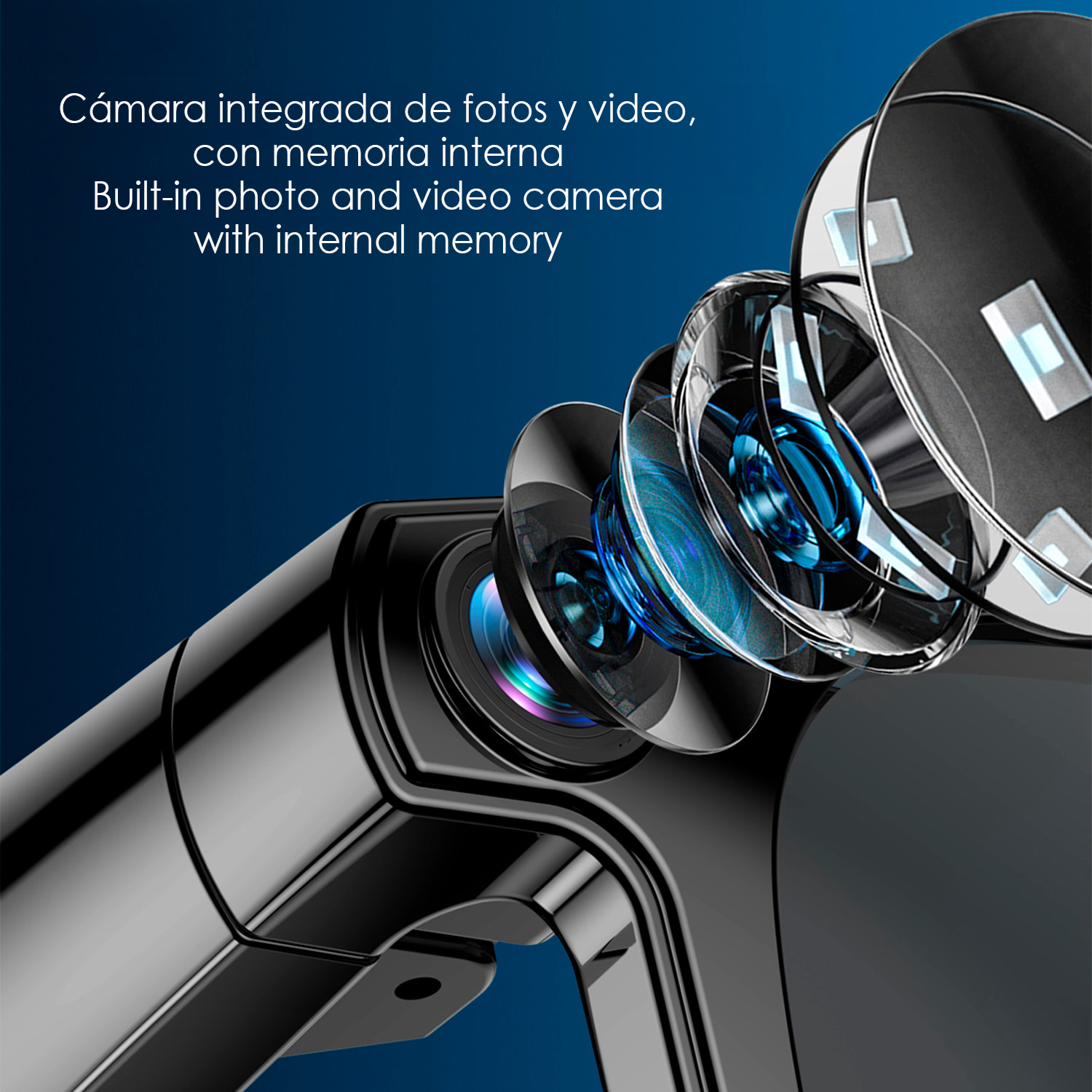 Gafas inteligentes CY01. Con cámara para fotos y videos de 8 MPX, traductor AI en tiempo real y control de música/llamadas. 16GB de memoria, lentes solares y transparentes.