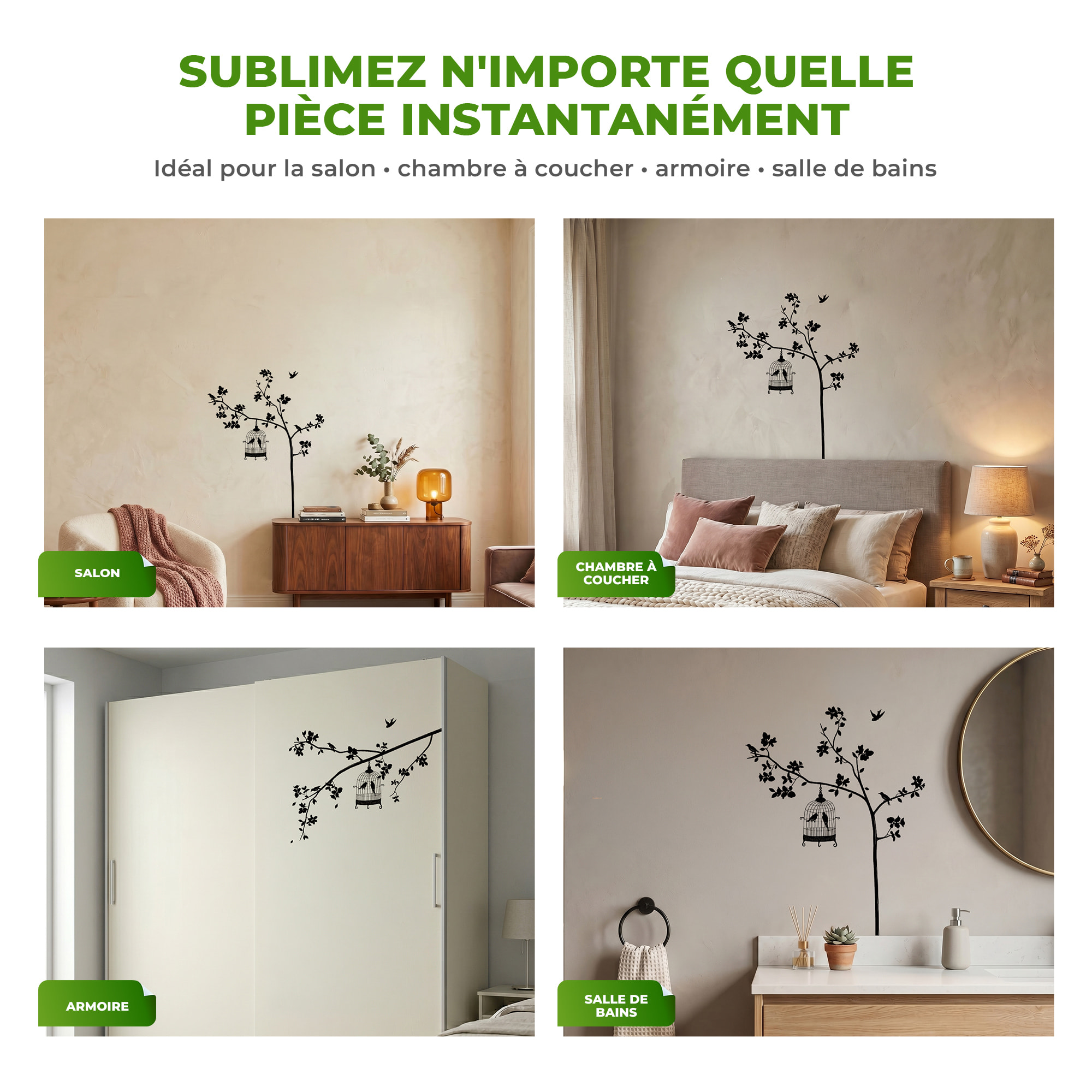 Stickers Muraux décoration adhésifs arbre et cage oiseau
