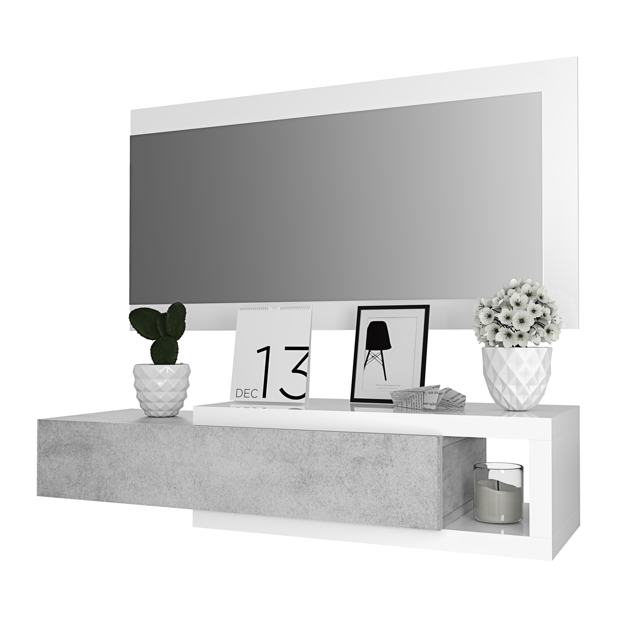 Mobile Maiorca Mobiletto da Ingresso Sospeso con Cassetto Mensola e Specchio Arredo Arredamento Sala 81 x 116 x 29 cm Bianco Lucido e Grigio Cemento