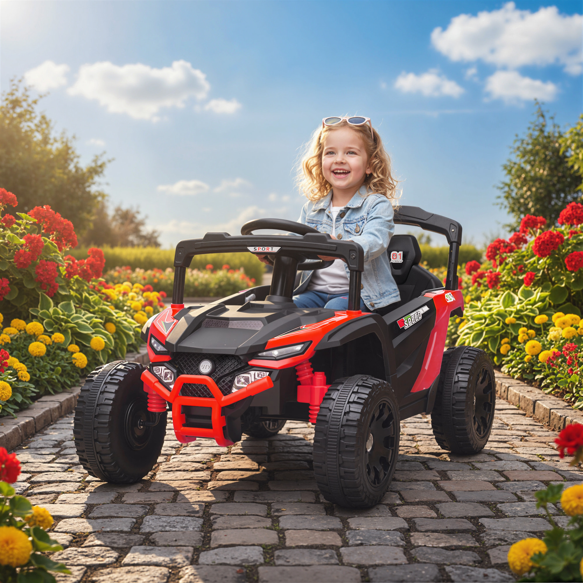 Coche Eléctrico para Niños 12V, Coche de Batería UTV con 2 Motores, Control Remoto 2,4G, 3-5 km/h, Suspensión Trasera, Faros, Música, para Niños de 3-5 Años, Rojo