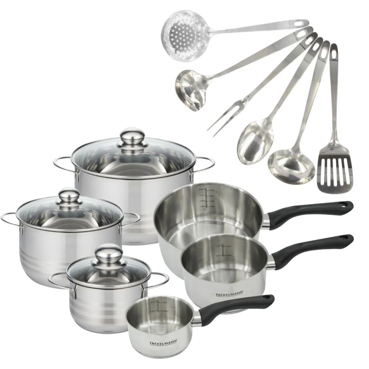 Set de 3 casseroles 12 16 20 cm en inox et 3 faitouts inox 16, 20 et 24 cm et 6 ustensiles Fackelmann Geneva