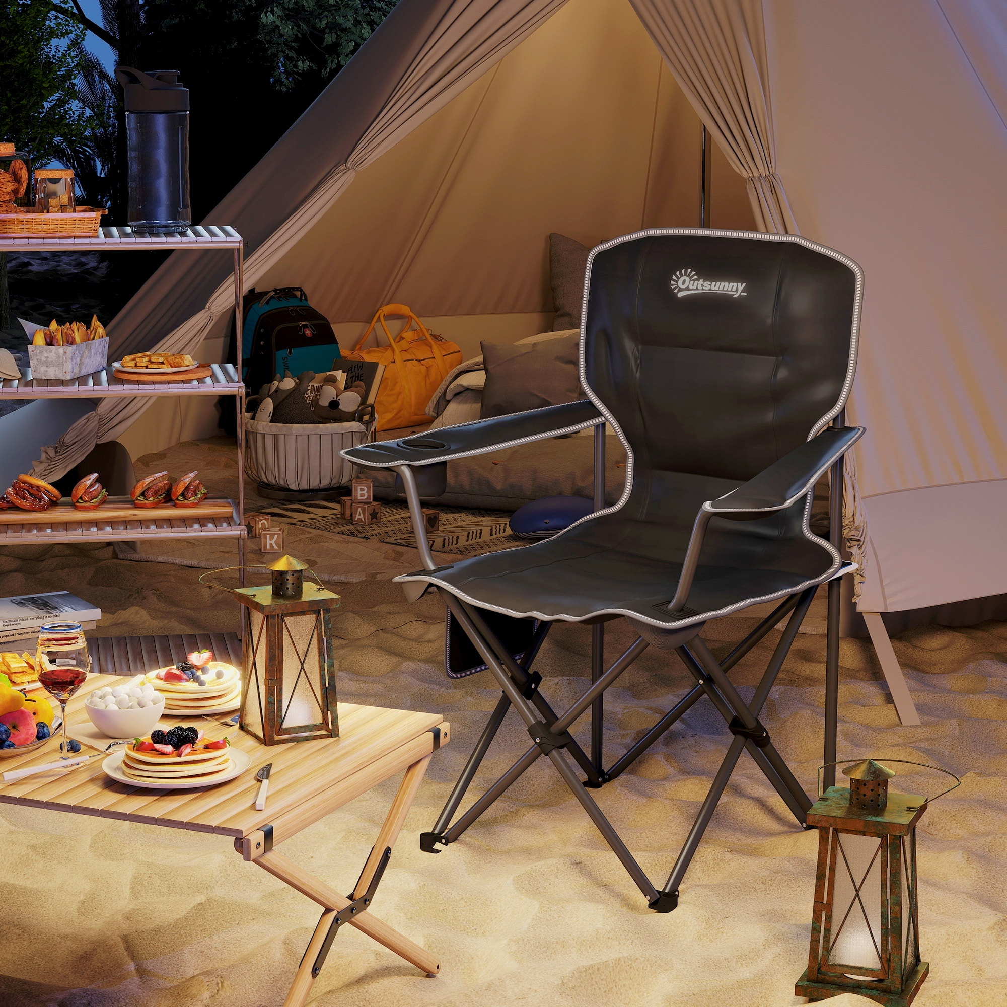 Chaise de camping pliante rembourrée - porte-gobelets, poches latérales rangement - sac transport inclus - noir
