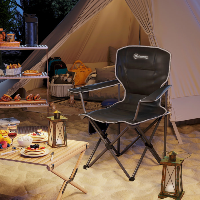 Chaise de camping pliante rembourrée - porte-gobelets, poches latérales rangement - sac transport inclus - noir