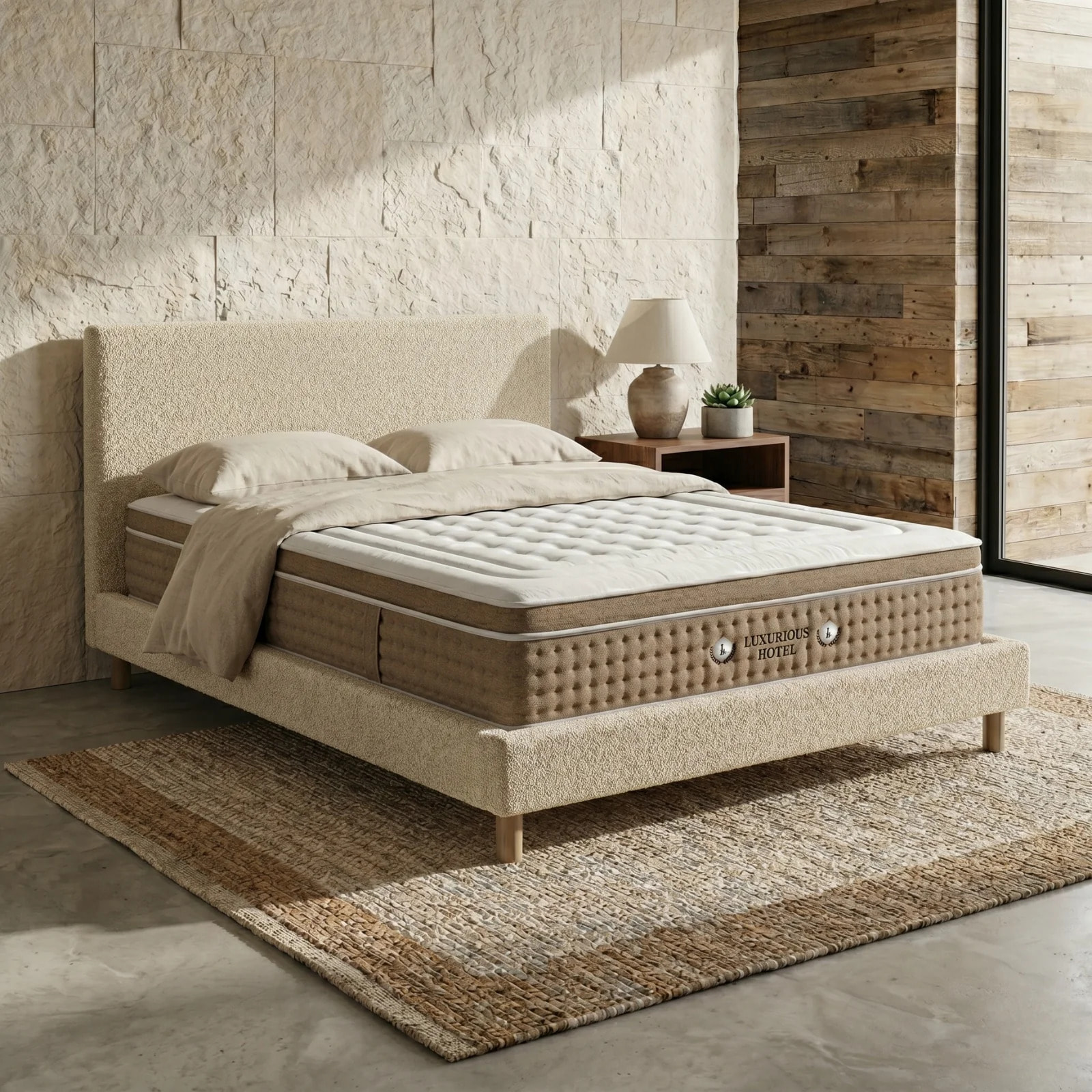 Ensemble matelas Bali & lit fixe Colisée | Mémoire de forme et ressorts ensachés | cadre à lattes | Velours côtelé | Beige