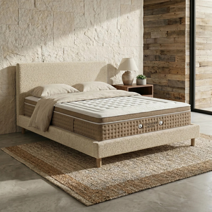 Ensemble matelas Bali & lit fixe Colisée | Mémoire de forme et ressorts ensachés | cadre à lattes | Velours côtelé | Beige