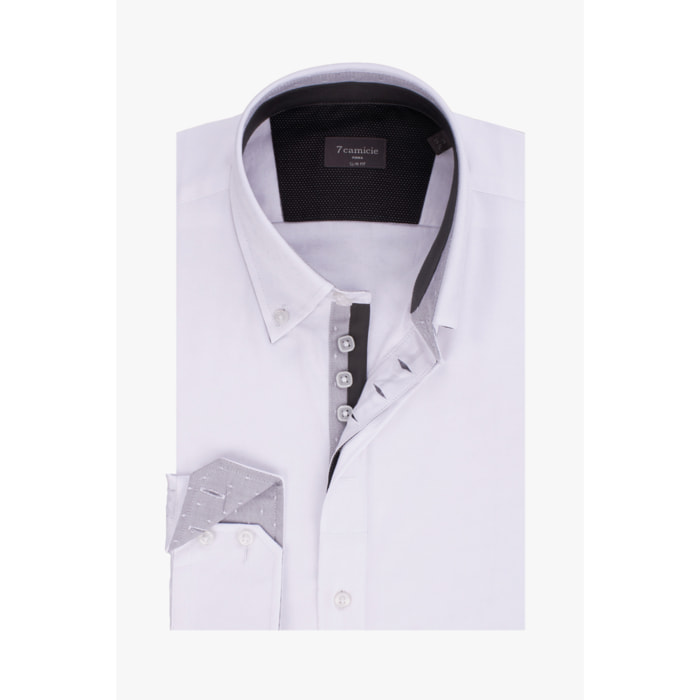 Camicia Uomo 2 Bottoni Button Down Slim Twill Fantasia Bianco e Bianco