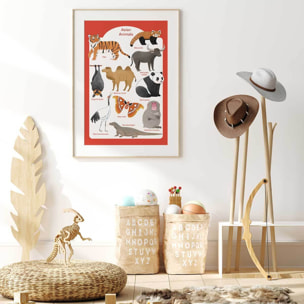 Affiche enfant animaux d' asie  Affiche + cadre en bois - Chêne