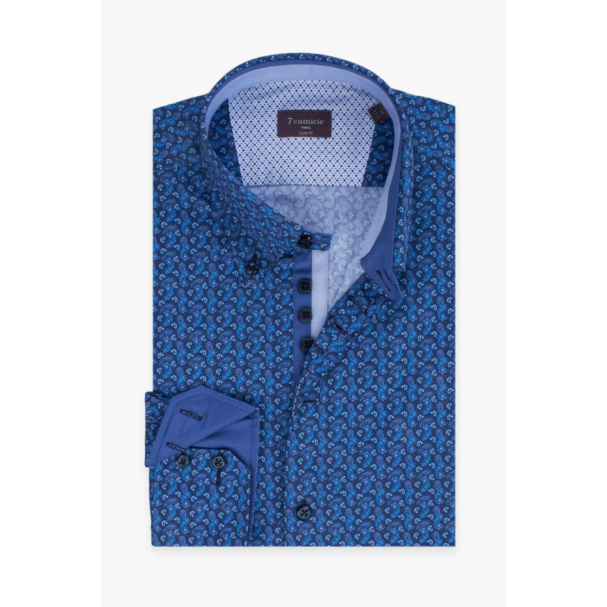 Camicia Uomo 2 Bottoni Button Down Slim Popeline Stampato Blu/Turchese