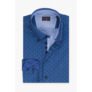 Camicia Uomo 2 Bottoni Button Down Slim Popeline Stampato Blu/Turchese