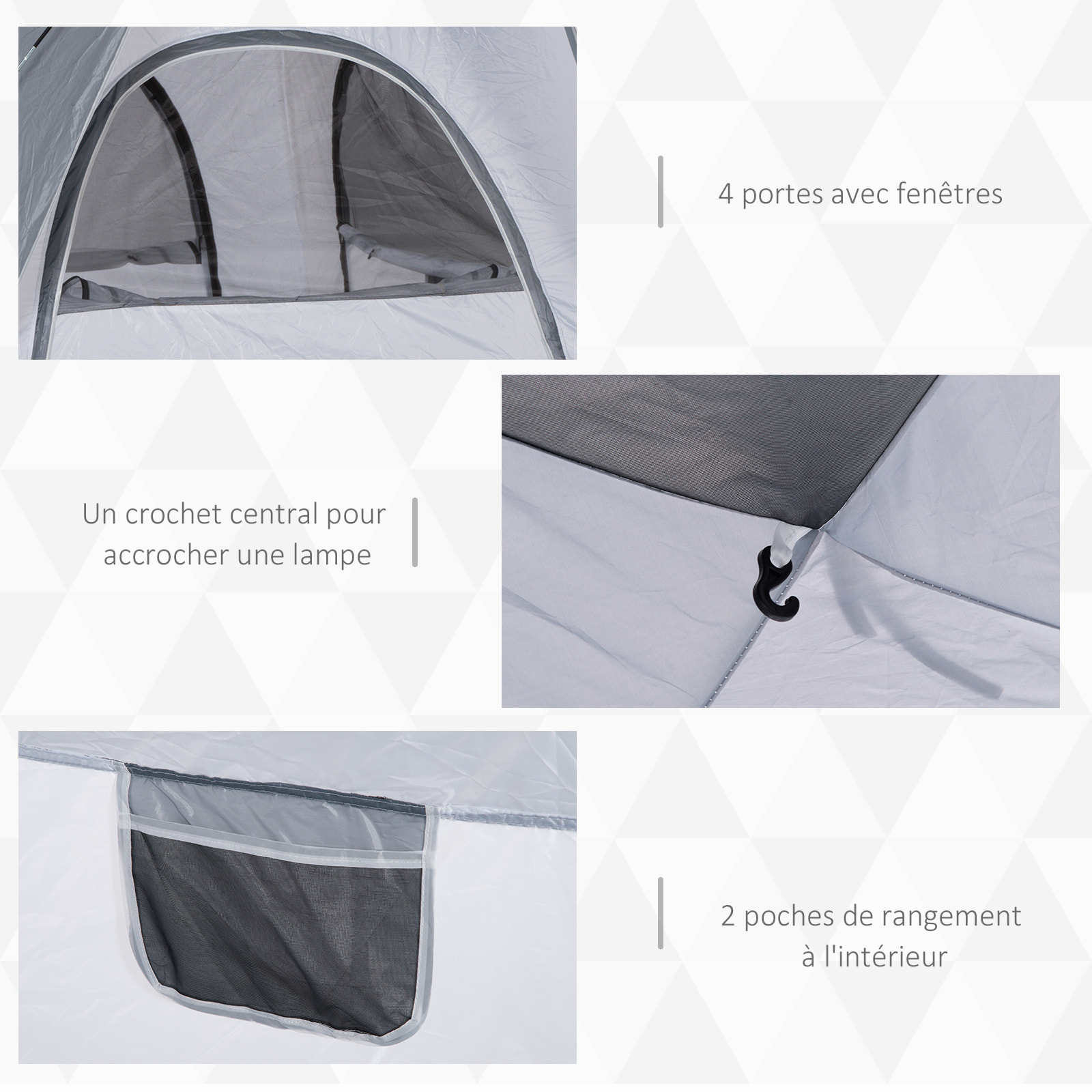 Tente de camping familiale 4 personnes montage instantanée pop-up 4 fenêtres pare-soleil dim. 2,4L x 2,4l x 1,95H m fibre verre polyester gris