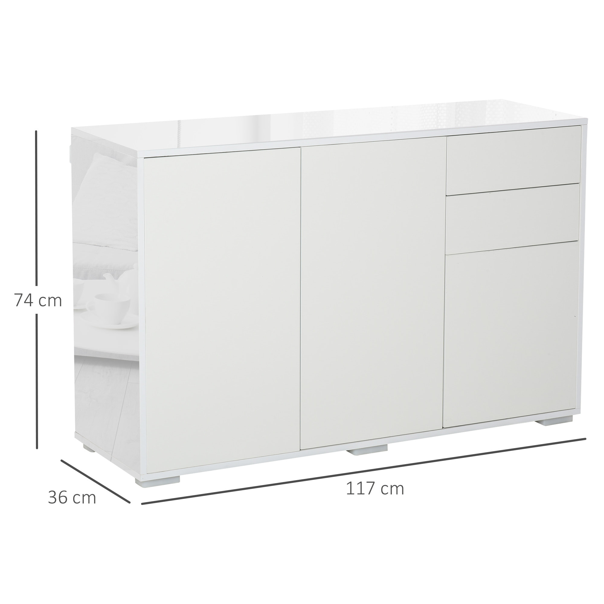 Aparador de Salón con 3 Puertas 2 Cajones y Estante Interior Ajustable Mueble Auxiliar de Almacenaje para Cocina Dormitorio Antivuelco 117x36x74 cm Alto Brillo Blanco