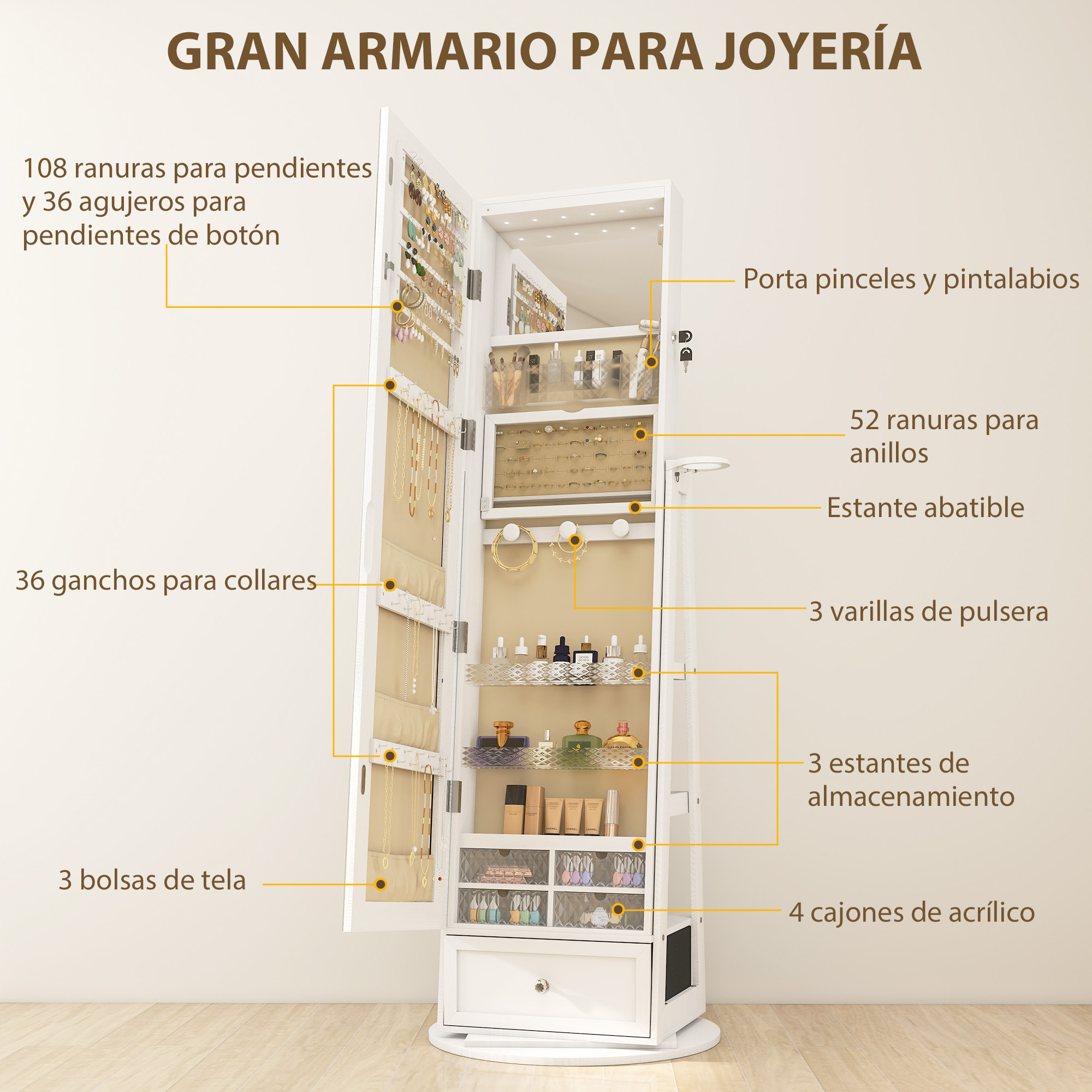 Espejo Joyero con Luces LED, Armario para Joyas, Armario Joyero con Espejo Entero, Giratorio de 360°, Cajón, Cerradura, Estantes Abiertos, Soporte para Secador, Blanco