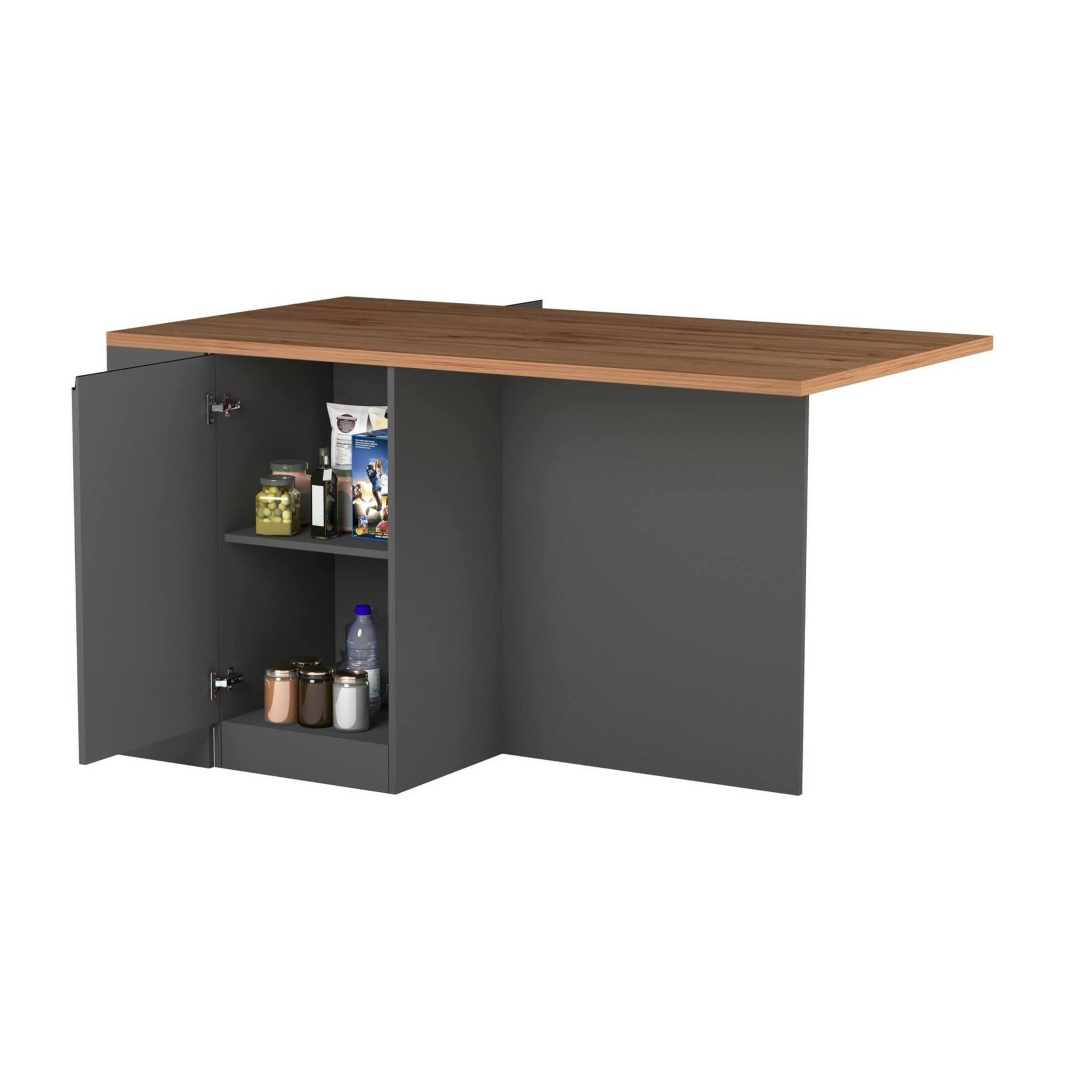 Isola da cucina Dcannaval, Tavolo ausiliario portaoggetti, Mobile da cucina a 2 ante, 100% Made in Italy, 160x90h90 cm, Antracite e Rovere