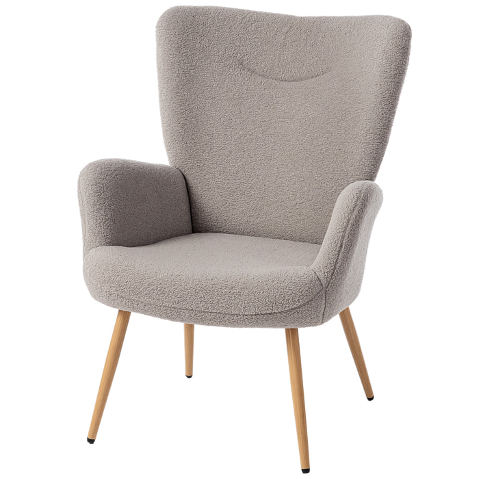 Fauteuil bouclette design à oreilles piètement métal effet bois gris